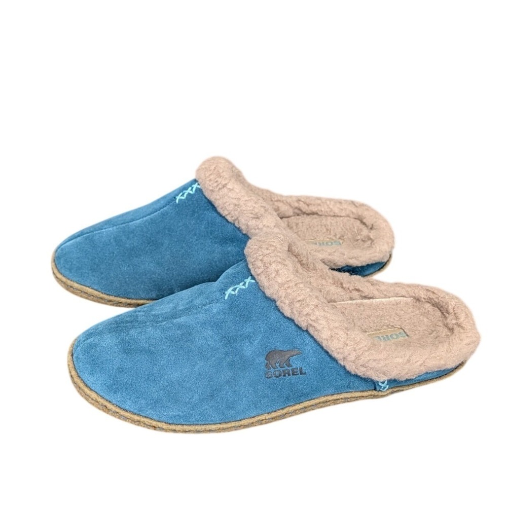 Sorel Nakisha Slide Slipper Womens 10 Blue Suede Fur Lined Warm Indoor Outdoor